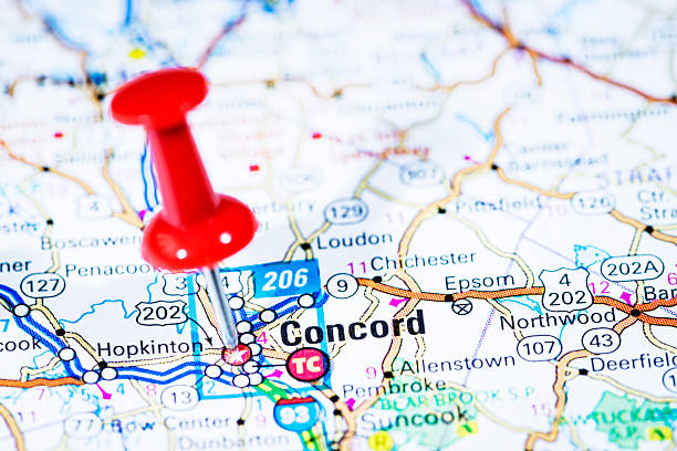 US capital cities on map series: Concord, New Hampshire, NH US capital cities on map series: Concord, New Hampshire, NH concord new hampshire stock pictures, royalty-free photos & images