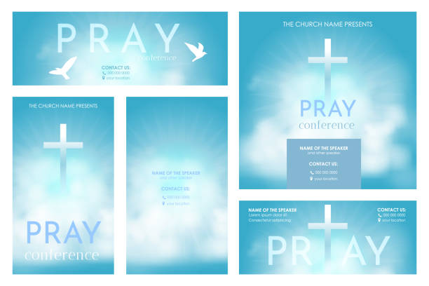 Church vector flyer. Christian religious Pray design. Church flyer. Celebrate the Risen Savior. Christian cross Church conference flyer social media post web banner. optimism background stock illustrations