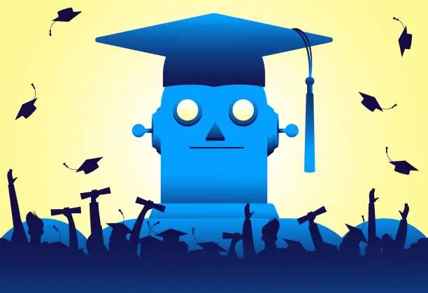 Vector illustration of Giant robot in graduation cap and crowd of graduate vector illustration