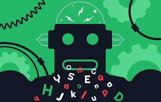 Vintage robot generating text. Artifical intelligence tools, ai assistants, machine learning concept. Vector illustration.