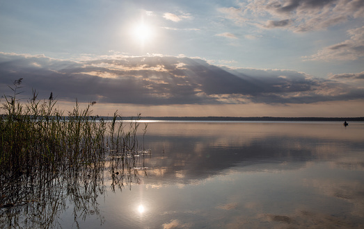 Panoramic view over sunrise White Lake in Rivne region, Ukraine.