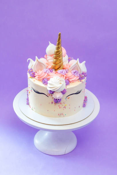 istock Colorful birthday cake with sprinkles, pink, blue and purple deocrations. Plain background, copy space 1705113381