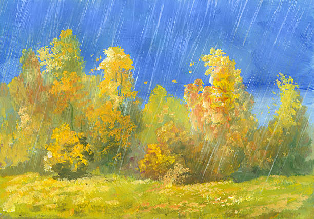 jesienią deszcz - bare tree rain autumn tree stock illustrations