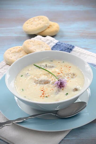 istock New England oyster stew and crackers on blue plate 170512966