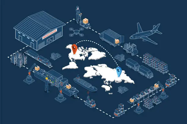 Vector illustration of Global logistics concept with Industrial partnership, Autonomous robots, Transport, Export, Import and Industry 4.0. Vector illustration eps10