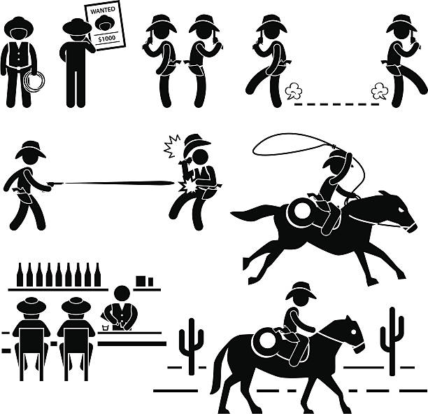 ilustraciones, imágenes clip art, dibujos animados e iconos de stock de cowboy wild west doble bar pictograma de caballos - cowboy desire west poster