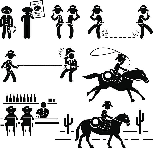 illustrazioni stock, clip art, cartoni animati e icone di tendenza di cowboy selvaggio west doppia bar pittogramma di cavallo - cowboy desire west poster