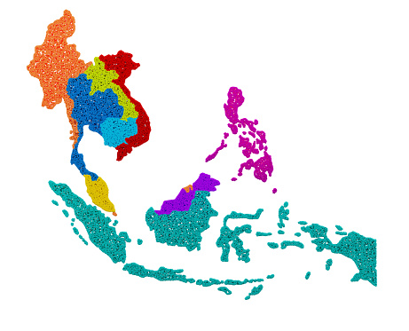 Asean Map dotted style illustration, colorful (AEC, AFTA, ASEAN), 3d render