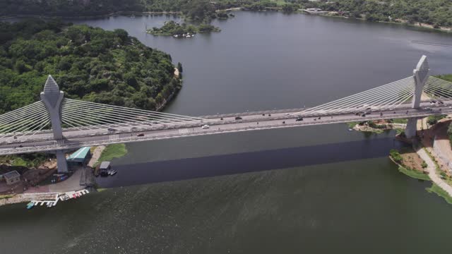 Aerial footage of the Durgam Cheruvu Cable Bridge is an extradosed bridge in Hyderabad, Telangana, India. Connecting Jubilee Hills and Madhapur.