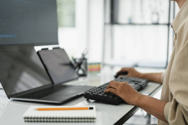 Developer programmer checking code on multiple monitor while programming to developing web and apps Developer programmer checking code on multiple monitor while programming to developing web and apps. java mouse in stock pictures, royalty-free photos & images