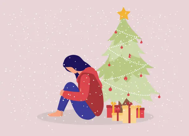 Vector illustration of Concept Of Depression At Christmas. Anxiety Woman Sitting On Floor With Christmas Tree And Present.