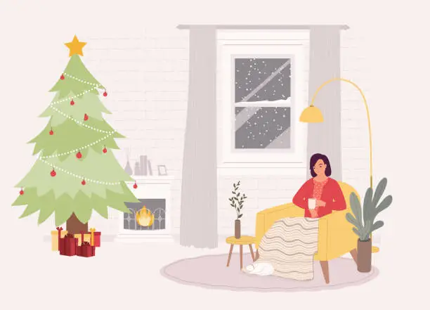 Vector illustration of Woman Sitting On Couch While Enjoying Her Coffee At Home During Christmas Winter.