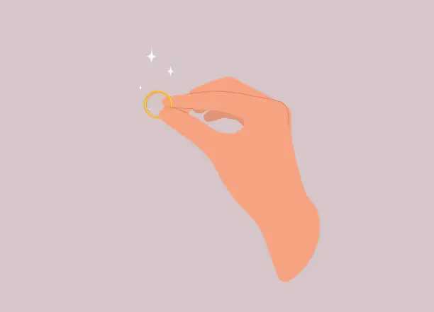 Vector illustration of A Person’s Hand Holding A Shiny Golden Circle Ring.