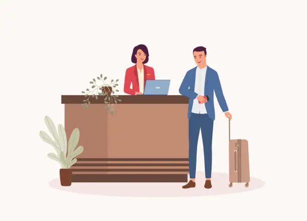 Vector illustration of Businessman With Luggage And Passport Checking-In At Hotel.