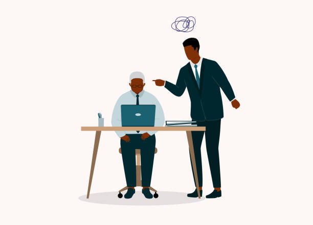 ilustraciones, imágenes clip art, dibujos animados e iconos de stock de empleado negro de alto rango siendo regañado por su jefe enojado. - manager rudeness bossy using voice