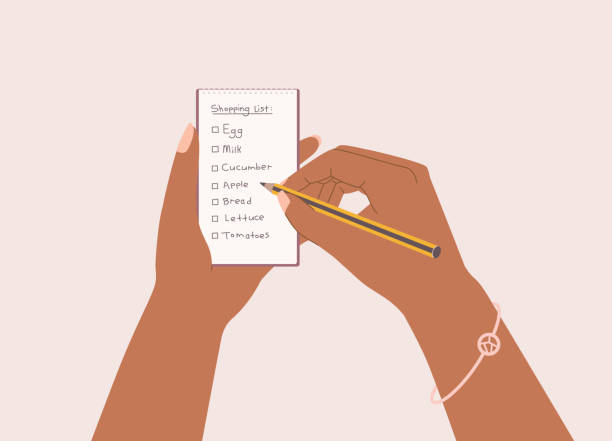 Black Female’s Hand Writing Down A Shopping List With Pencil And Notepad. Black Female’s Hand Writing Down A Shopping List With Pencil And Notepad. Isolated On Color Background. person writing on notepad stock illustrations