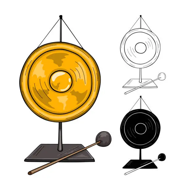 Vector illustration of Metal gold gong. Asian sound instrument