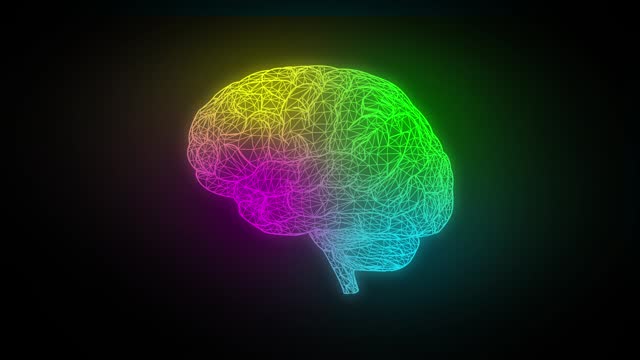 Polygonal colorful Brain animation on dark background. Human Brain Made of connected lines and dots. Science and Technology. Anatomy and Neuro-Science Concept
