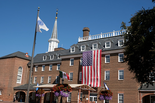 Plymouth, MA - July 3, 2020: Leyden Street, created in 1620 by the Pilgrims, and claims to be the oldest continuously inhabited street in the thirteen colonies of British North America.