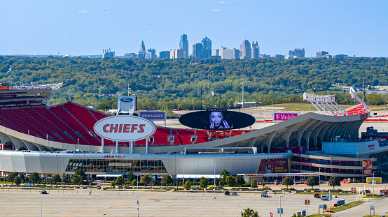 September 26, 2023: Kansas City Missouri - Aerial view of Arrowhead Stadium, home to the Kansas City Chiefs. Downtown Kansas City is in the background.