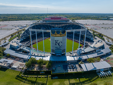 September 26, 2023: Kansas City, Missouri - Aerial view of Kauffman Stadium and Arrowhead Stadium, home to the Kansas City Royals and Kansas City Chiefs respectively.