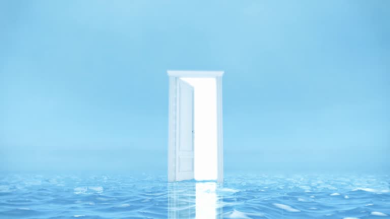 Opened door in the sea,Door ocean,White door,Escape and opportunity concept.