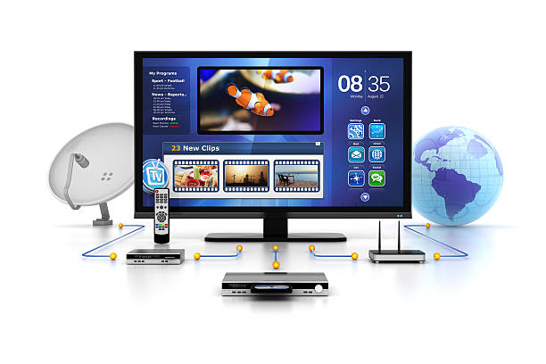 tv inputs and media sources home network & modern smart tv inputs and sources of media from traditional satellite and dvd to newer technology of internet streaming and digital HDD storage and personal files .. rendered in 3D home cinema system stock pictures, royalty-free photos & images