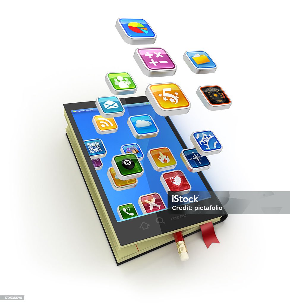 digital notebook e app - Foto stock royalty-free di Applicazione mobile