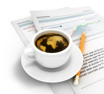 Coffee cup with spone and sugar cubes and the world global map textured on the coffee surface. 3D rendered isolated icon..