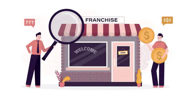 Vector illustration of Business owner is looking for partners to expand the franchise network. Increasing and growth business. Sale of license or trademark, royalty. franchise successful model.