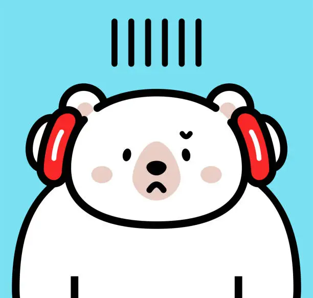 Vector illustration of Cute character design of a worried polar bear wearing headphones