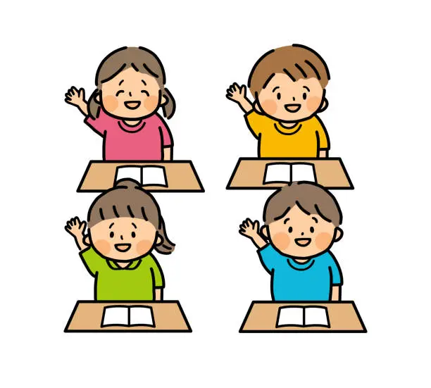 Vector illustration of Children raising their hands to make a presentation during class