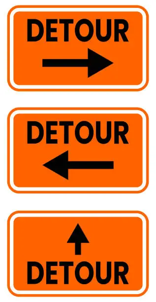 Vector illustration of Detour Right ,Left and Straight Arrow Sign. Detour Signs, Icons, Symbols