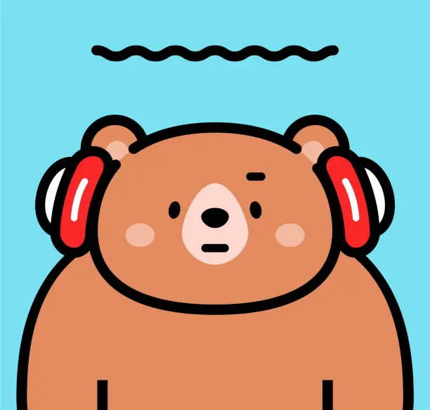 Vector illustration of Cute character design of a brown bear wearing headphones and looking at the viewer