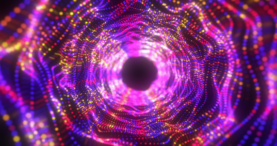 Abstract purple energy tunnel made of particles and a grid of high-tech lines with a glowing background effect.