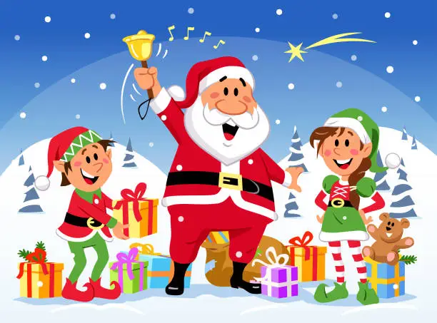 Vector illustration of Santa Claus And Elves Celebrating Christmas