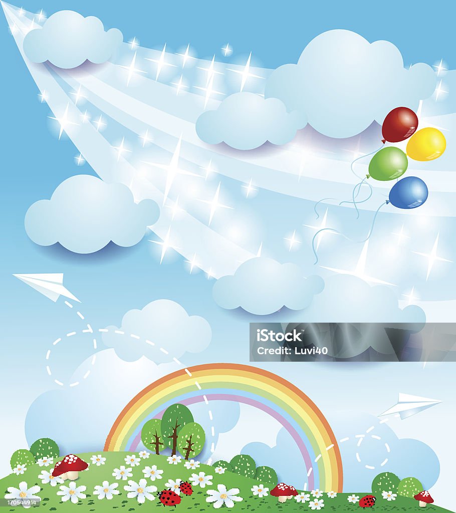 Spring background Spring background with rainbow, balloons and paper airplanes. Vector eps10, transparency blending effects Airplane stock vector