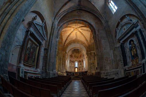 Wide angle view of the interior of the Saint-Lizier Cathedral in the south of France