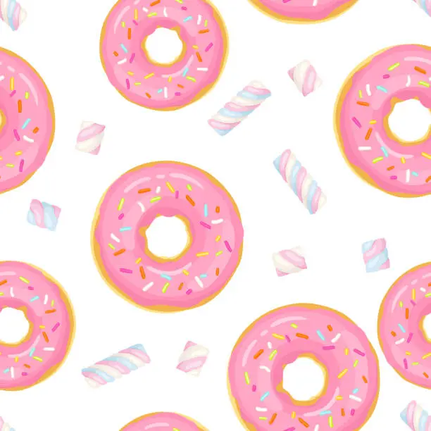 Vector illustration of Pink donuts and marshmallows seamless pattern. Sweets background. Vector cartoon illustration.