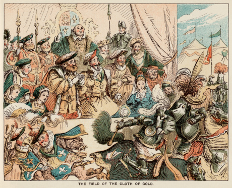 A chaotic entertainment staged for the participants in the ‘Field of the Cloth of Gold’ meeting between King Henry VIII of England and King Francis I of France which was intended to cement the friendship between them and their countries. The artist includes lnumerous humorous touches. From “Comic Sketches from English History for Children of Various Ages. With Descriptive Rhymes.” by Lieutenant-Colonel T.S. Seccombe, and coloured illustrations by Witherby & Co. Published by W.H. Allen & Co, London, in 1884.
