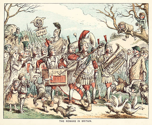 Of course, it wasn’t really like this! The artist has given the Roman army a brass band and a barrel organ to enliven their march through Britain! From “The Comic History of Rome” by Gilbert Abbott à Beckett and illustrated by John Leech. Published by Bradbury and Evans, London in 1850.