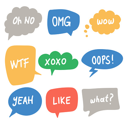 Colorful flat vector design speech bubbles with words like 