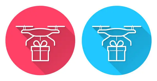 Vector illustration of Delivery drone with gift. Round icon with long shadow on red or blue background