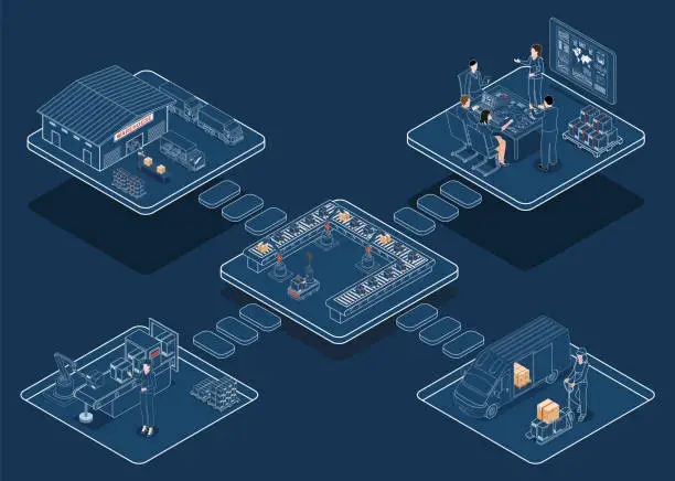 Vector illustration of 3D isometric Global logistics network concept with Transportation operation service, Supply Chain Management - SCM, Company Logistics Processes. Vector illustration EPS 10