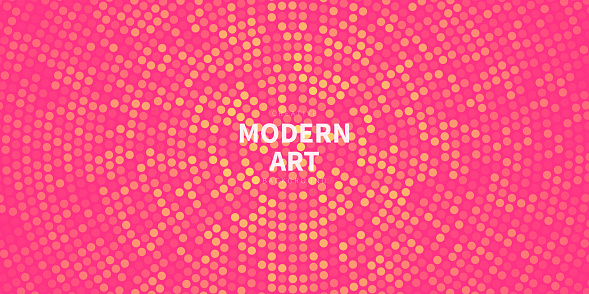 Modern and trendy background. Halftone design with a lot of small dots and beautiful color gradient. This illustration can be used for your design, with space for your text (colors used: Yellow, Orange, Red, Pink, Purple). Vector Illustration (EPS file, well layered and grouped), wide format (2:1). Easy to edit, manipulate, resize or colorize. Vector and Jpeg file of different sizes.