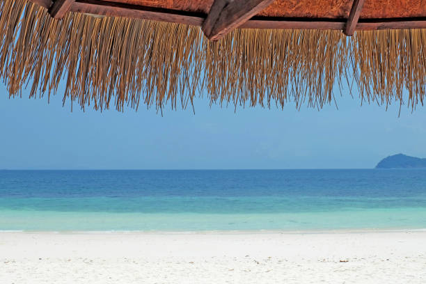 Thailand sea in the south, tropical beach on a bright blue day, strong sunlight, no people, umbrellas, nature