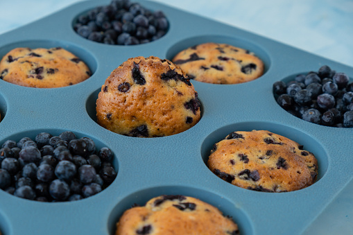 Fresh baked blueberry muffins. Tasty Sweet cupcake. Pastry homemade dessert. Berry pie in silicone muffin tin. Healthy vegan cupcakes with organic berries Baked in reusable silicon forms