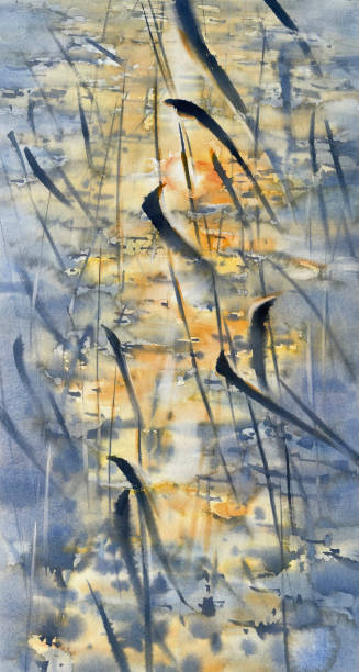 istock Water grass strokes on the sunset watercolor background 1705532496