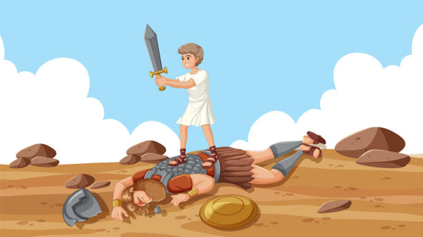 ilustrações de stock, clip art, desenhos animados e ícones de david's triumph: defeating goliath in battle - star of david