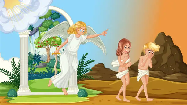 Vector illustration of Adam and Eve Banished from the Garden of Eden: A Vector Cartoon Illustration